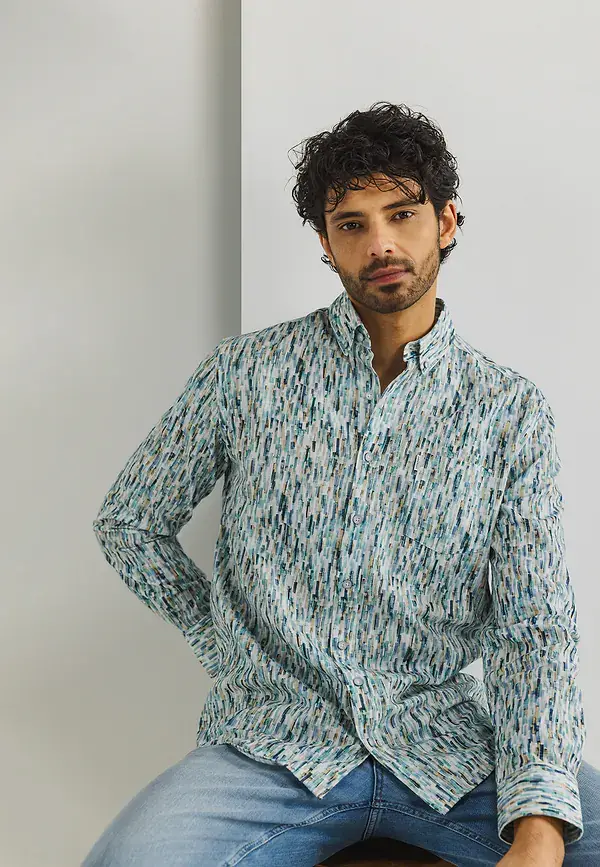 state of art Biologisch katoenen overhemd met print wit/mintblauw