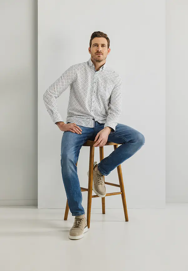 State Of Art Biologisch Katoenen Structuur Overhemd Wit/grijsblauw