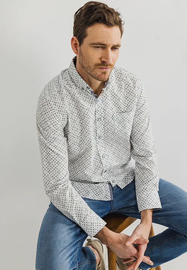 state of art Biologisch katoenen structuur overhemd wit/grijsblauw