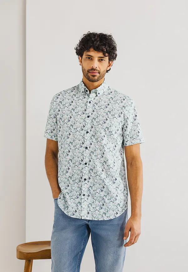 State Of Art Button-down Overhemd Met Korte Mouwen Warm Grijs/mintblauw