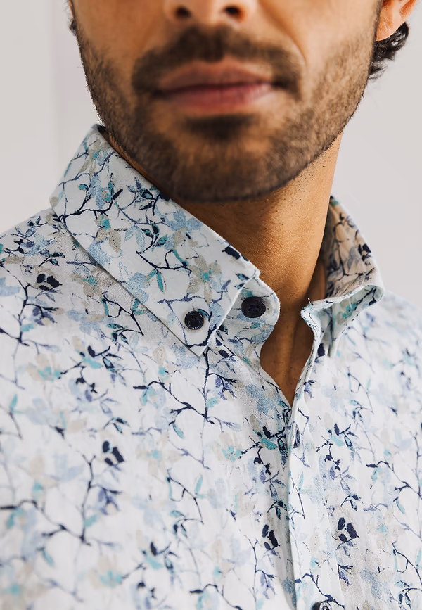 State Of Art Button-down Overhemd Met Korte Mouwen Warm Grijs/mintblauw