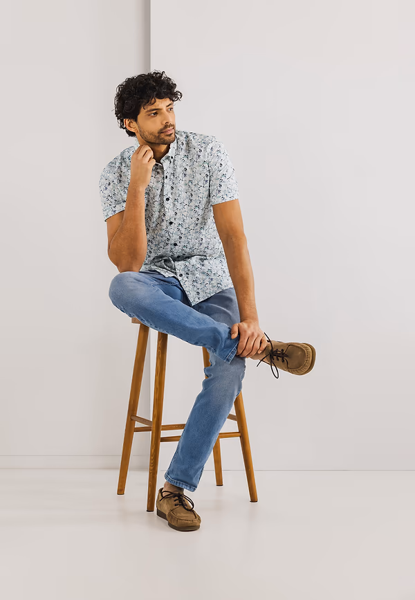 state of art Button-down overhemd met korte mouwen warm grijs/mintblauw