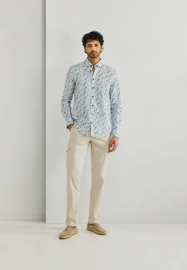 State Of Art Button-down Overhemd Met Print Warm Grijs/mintblauw