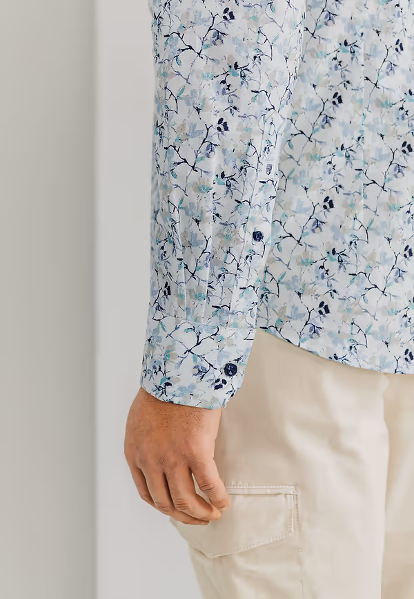 State Of Art Button-down Overhemd Met Print Warm Grijs/mintblauw