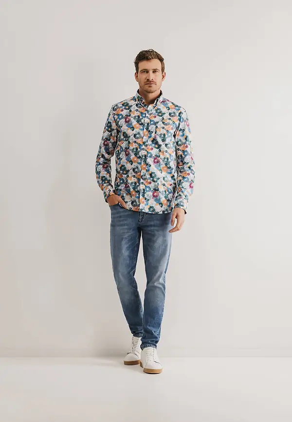 State Of Art Button-down Overhemd Met Print Wit/petrol