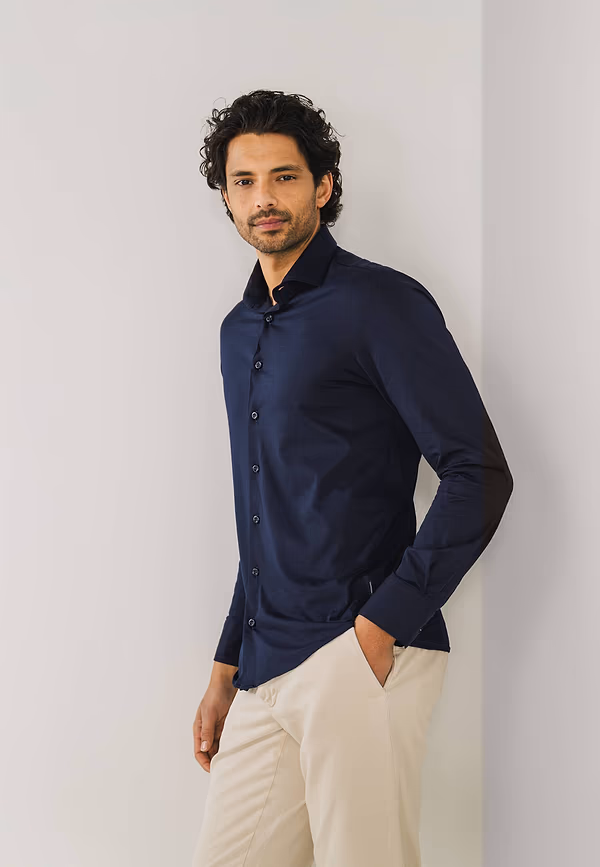 State Of Art Effen Overhemd Van Een Katoenmix Donkerblauw Uni