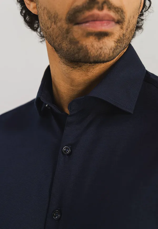 State Of Art Effen Overhemd Van Een Katoenmix Donkerblauw Uni