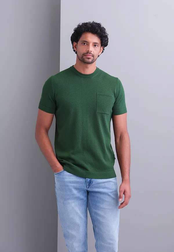 state of art Gebreid T-shirt met borstzak donkergroen uni