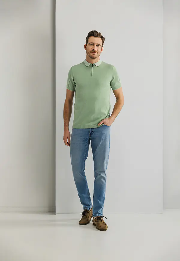 State Of Art Gebreide Polo Met Gestreepte Kraag Bladgroen Uni