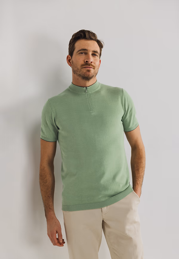 state of art Gebreide polo met halve rits bladgroen uni