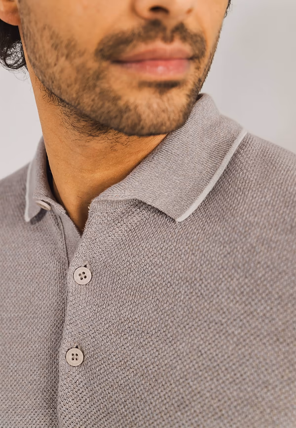 State Of Art Gebreide Polo Met Rijstkorrelpatroon Beige/warm Grijs