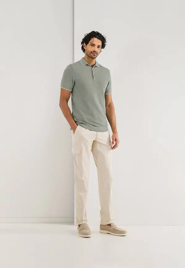 State Of Art Gebreide Polo Met Rijstkorrelpatroon Bladgroen/warm Grijs