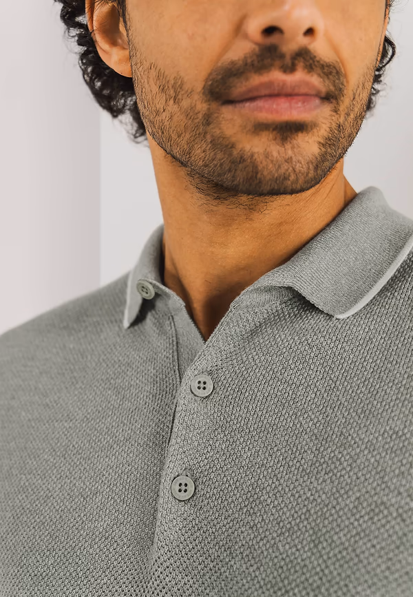 State Of Art Gebreide Polo Met Rijstkorrelpatroon Bladgroen/warm Grijs