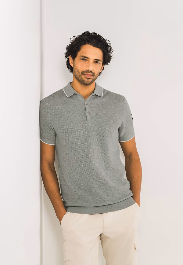 state of art Gebreide polo met rijstkorrelpatroon bladgroen/warm grijs