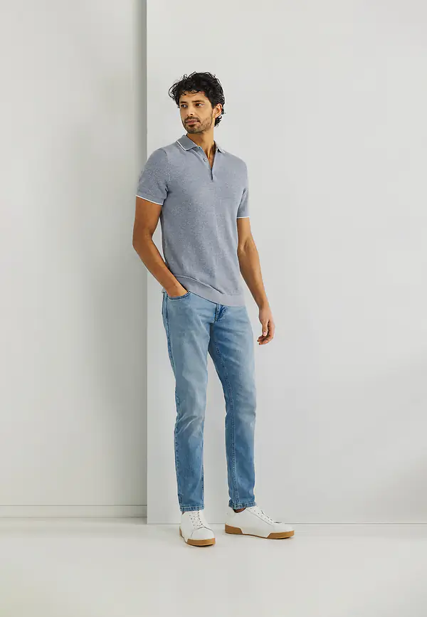 State Of Art Gebreide Polo Met Rijstkorrelpatroon Grijsblauw/warm Grijs