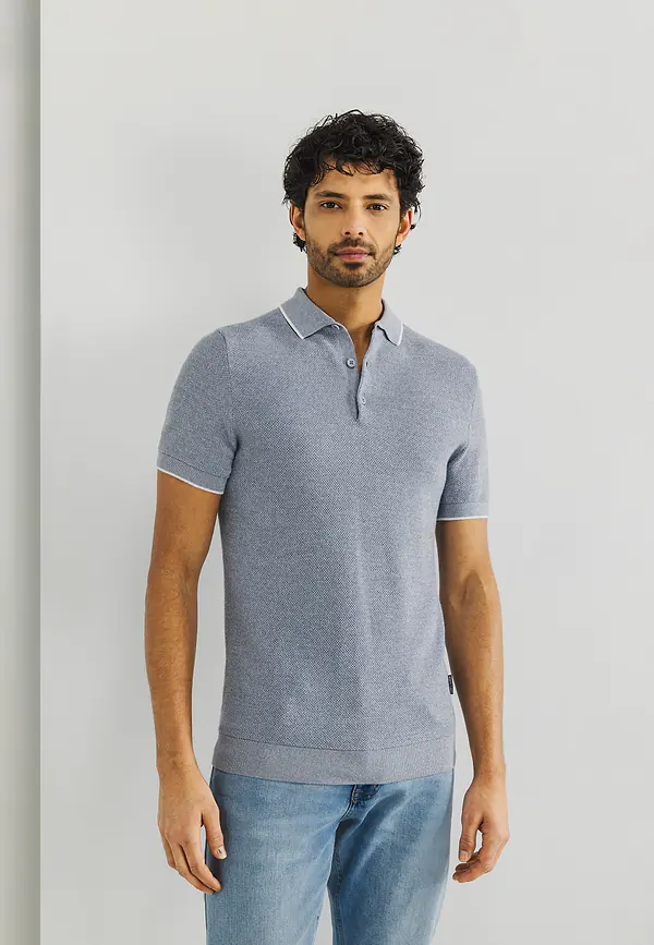 state of art Gebreide polo met rijstkorrelpatroon grijsblauw/warm grijs