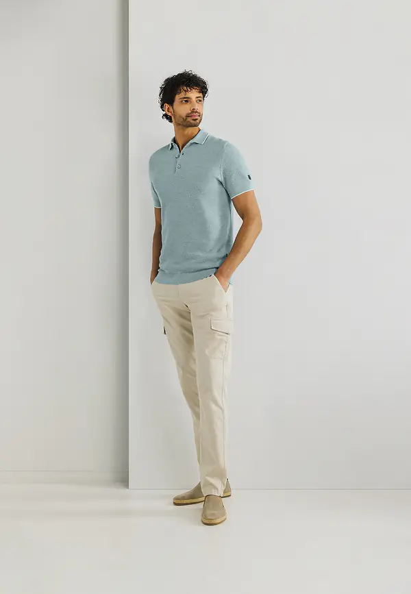 State Of Art Gebreide Polo Met Rijstkorrelpatroon Mintblauw/warm Grijs