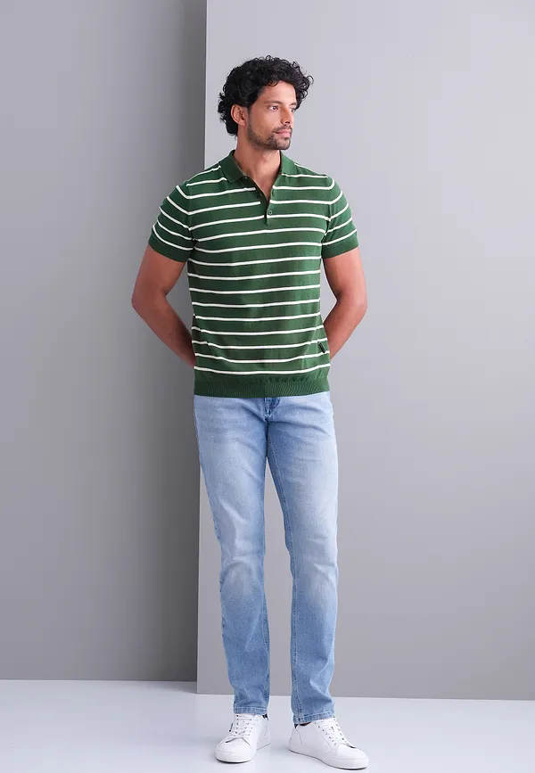 State Of Art Gebreide Polo Met Streepmotief Donkergroen/kit