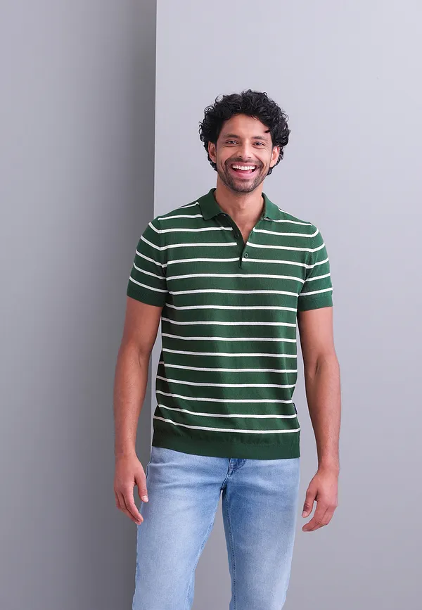 state of art Gebreide polo met streepmotief donkergroen/kit