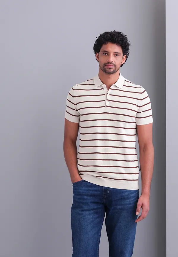 state of art Gebreide polo met streepmotief kit/donkerrood