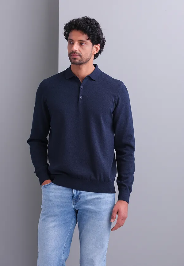 state of art Gebreide polo van een katoenmix donkerblauw uni