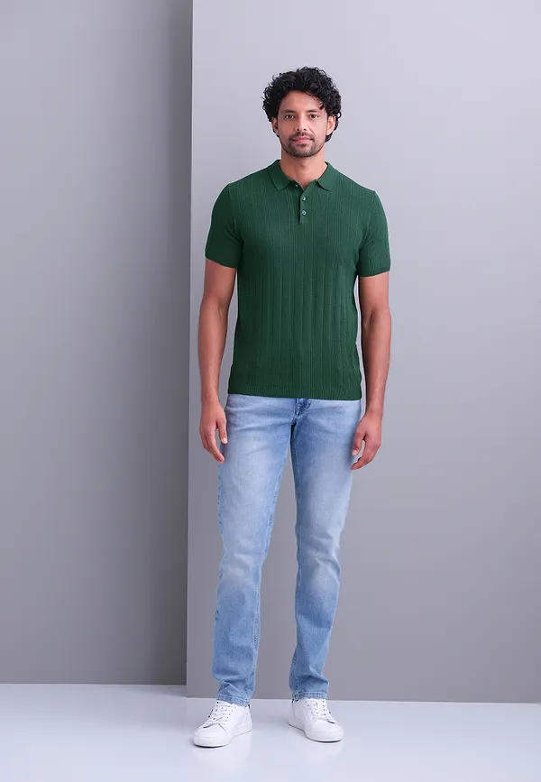 State Of Art Gebreide Polo Van Een Lyocellmix Donkergroen Uni