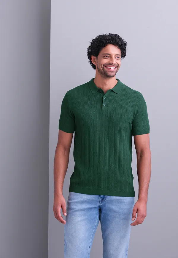 state of art Gebreide polo van een lyocellmix donkergroen uni