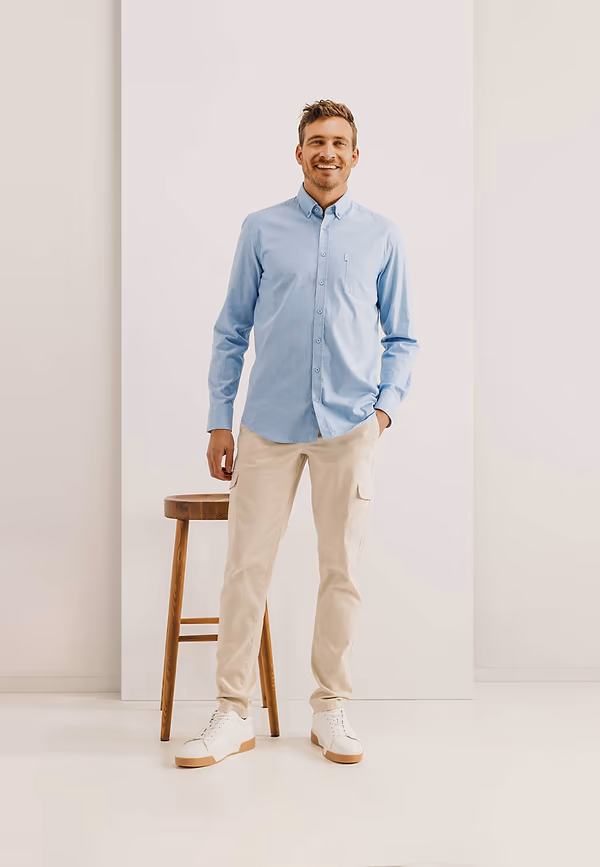 State Of Art Gemêleerd Overhemd Van Oxfordstof Wit/grijsblauw