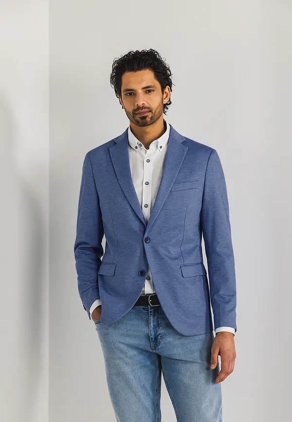 state of art Gemêleerde blazer van gebreide stof middenblauw/wit