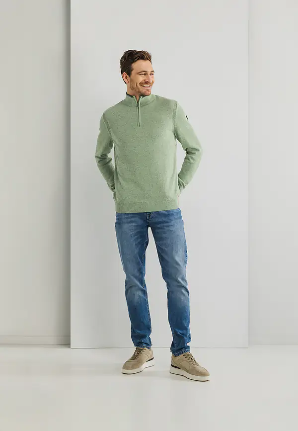 State Of Art Gemêleerde Trui Met Halve Rits Bladgroen Uni