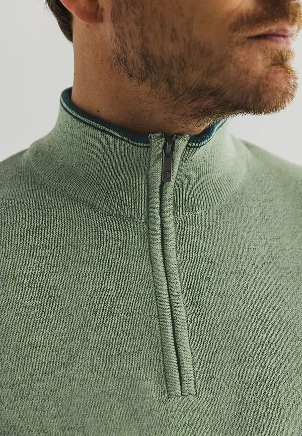State Of Art Gemêleerde Trui Met Halve Rits Bladgroen Uni