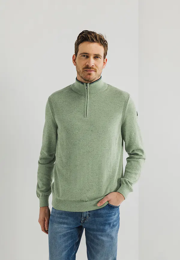 state of art Gemêleerde trui met halve rits bladgroen uni