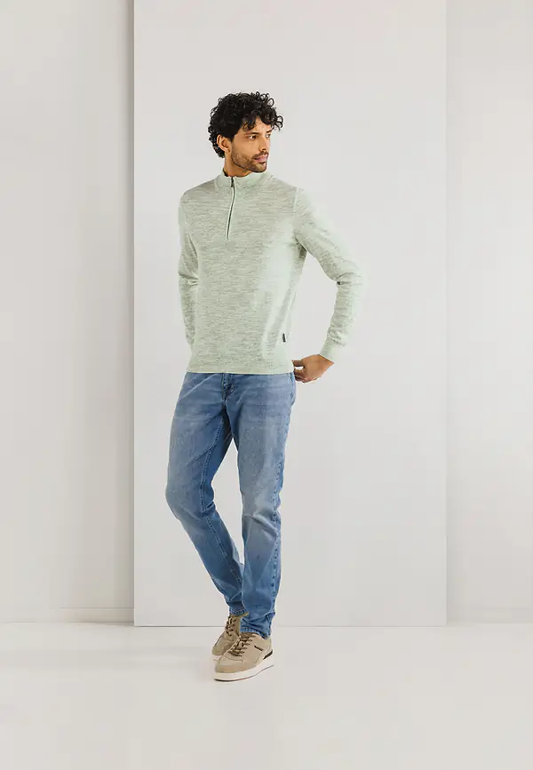 State Of Art Gemêleerde Trui Met Halve Rits Bladgroen/wit