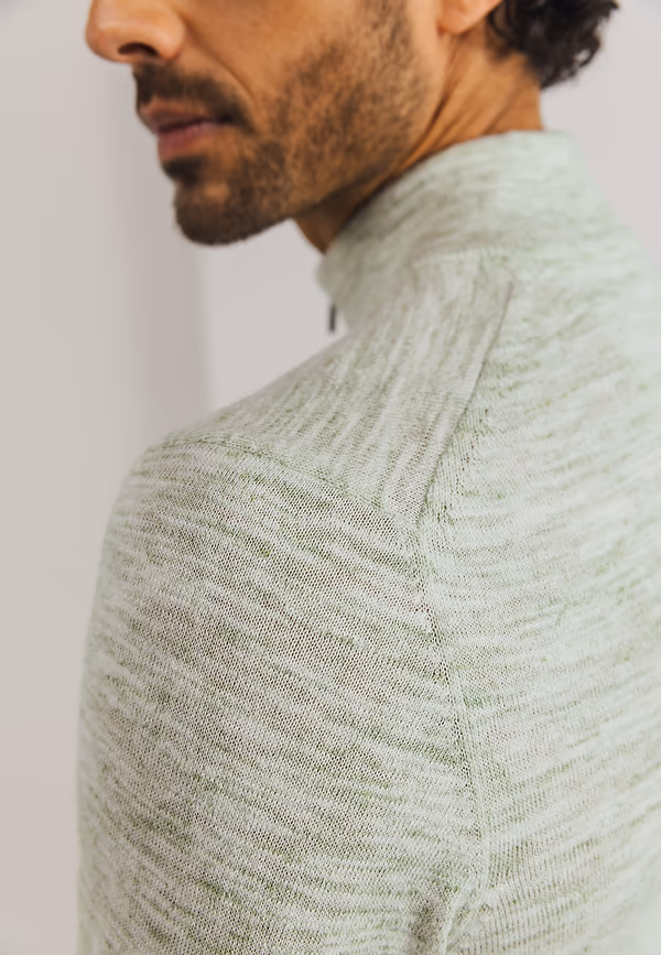 State Of Art Gemêleerde Trui Met Halve Rits Bladgroen/wit