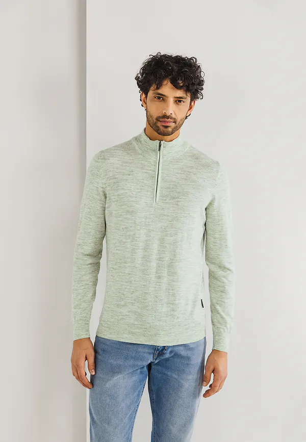 state of art Gemêleerde trui met halve rits bladgroen/wit