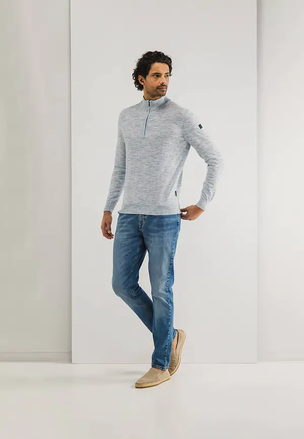 State Of Art Gemêleerde Trui Met Halve Rits Grijsblauw/wit