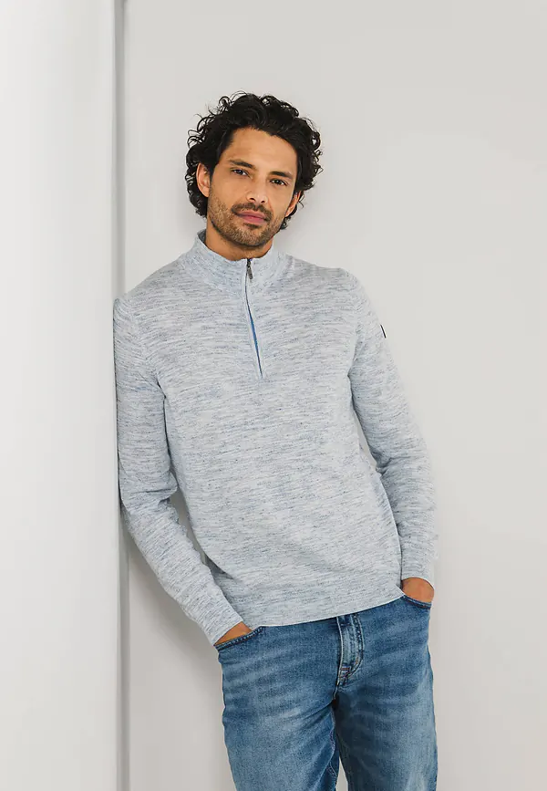 state of art Gemêleerde trui met halve rits grijsblauw/wit