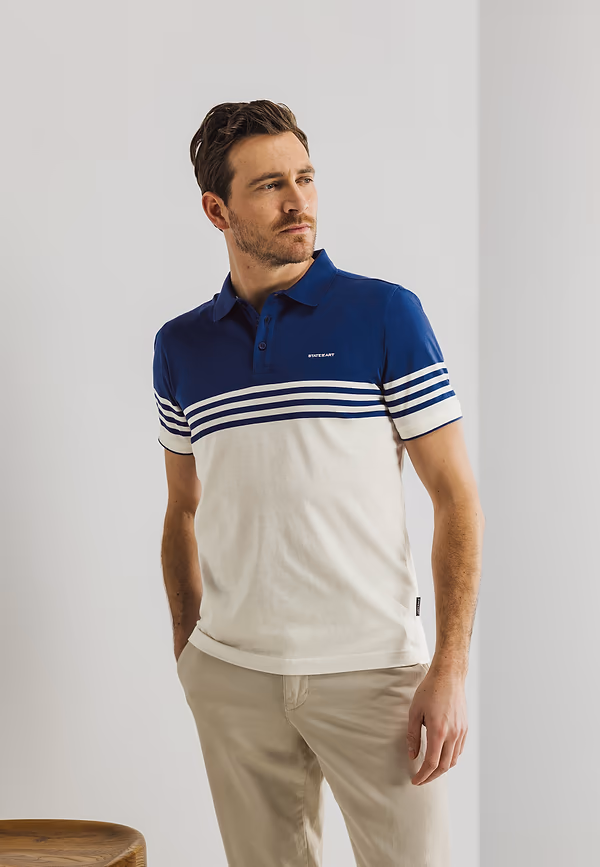 State Of Art Gemerceriseerde Jersey Polo Met Strepen Kobalt/greige