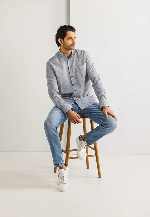 State Of Art Gestreept Overhemd Met Maokraag Wit/kobalt