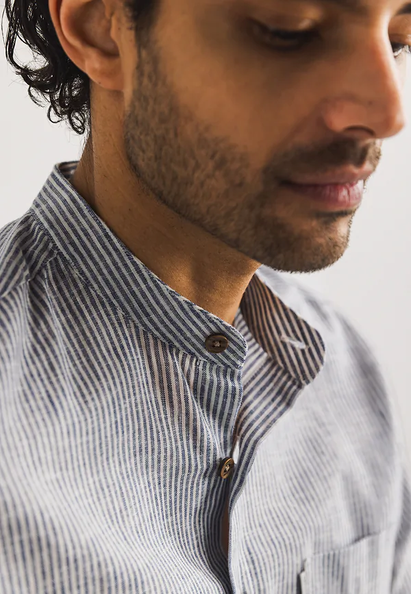 State Of Art Gestreept Overhemd Met Maokraag Wit/kobalt