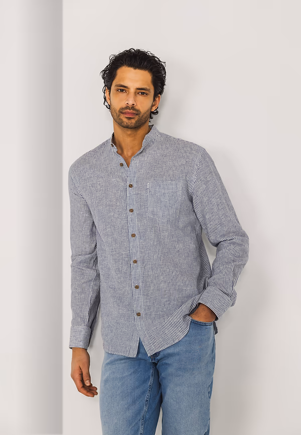 state of art Gestreept overhemd met maokraag wit/kobalt