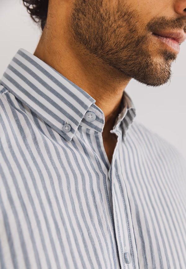 State Of Art Gestreept Overhemd Van Biologisch Katoen Wit/grijsblauw