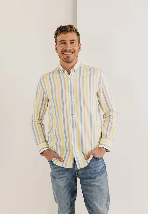 state of art Gestreept overhemd van biologisch katoen wit/grijsblauw