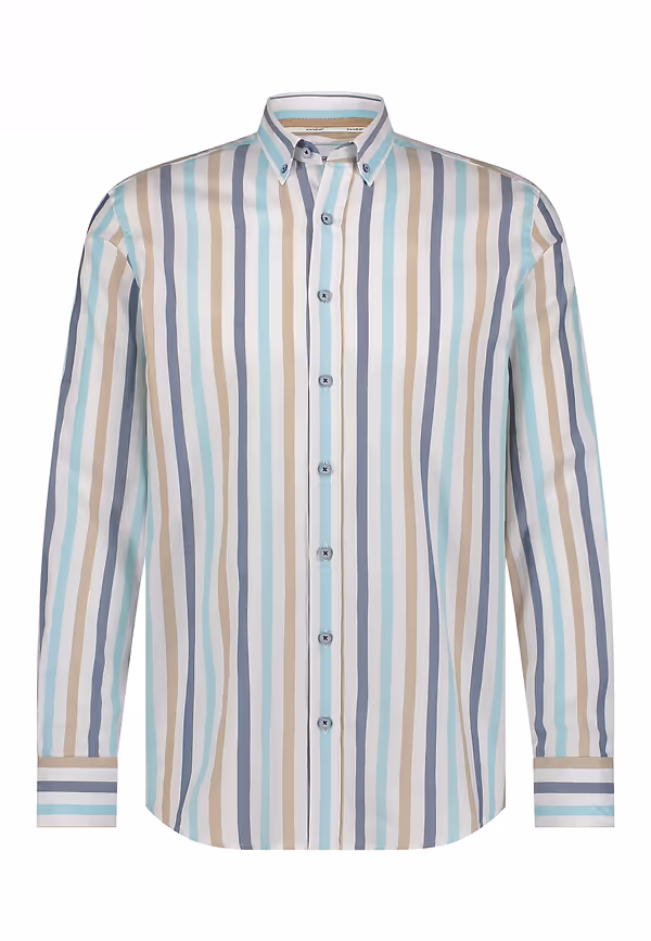 State Of Art Gestreept Overhemd Van Biologisch Katoen Wit/mintblauw