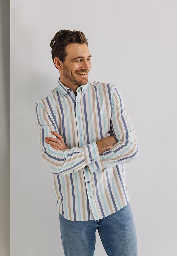 state of art Gestreept overhemd van biologisch katoen wit/mintblauw