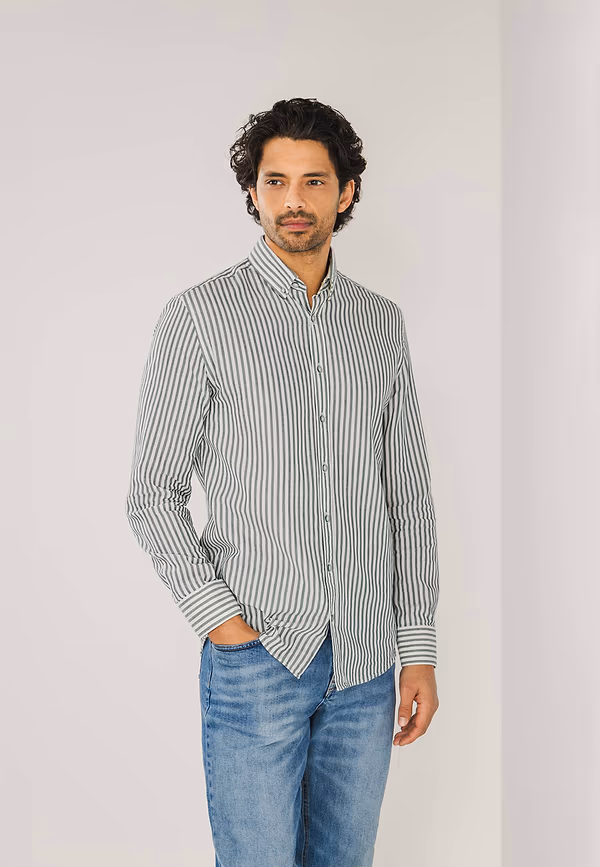 state of art Gestreept overhemd van biologisch katoen wit/petrol