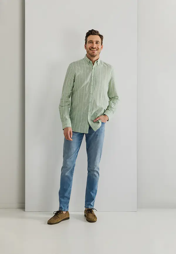State Of Art Gestreept Overhemd Van Een Linnenmix Bladgroen/wit