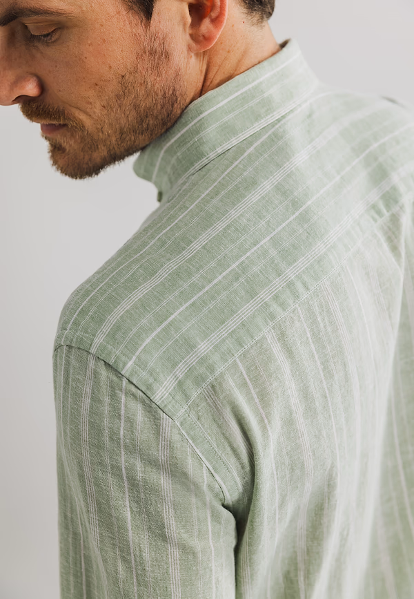 State Of Art Gestreept Overhemd Van Een Linnenmix Bladgroen/wit