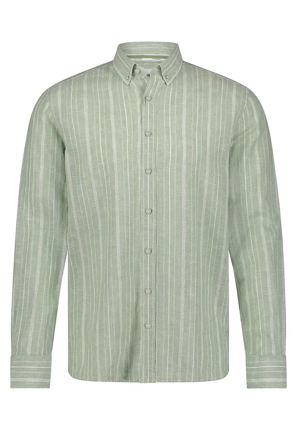 State Of Art Gestreept Overhemd Van Een Linnenmix Bladgroen/wit