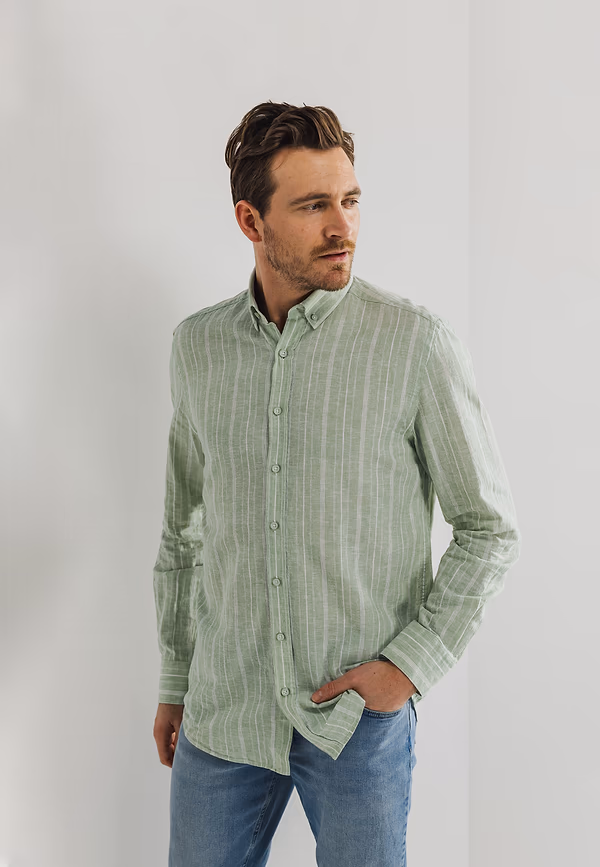 state of art Gestreept overhemd van een linnenmix bladgroen/wit